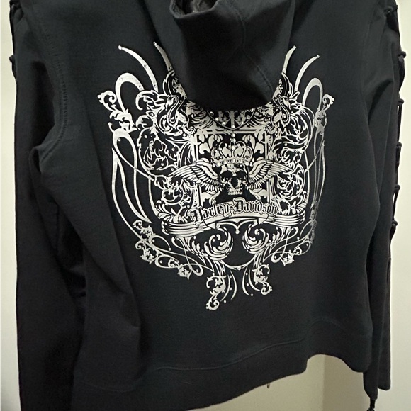 Harley-Davidson Black Women's Zip-Up Hoodie with Heart Zip Pull - Picture 8 of 9